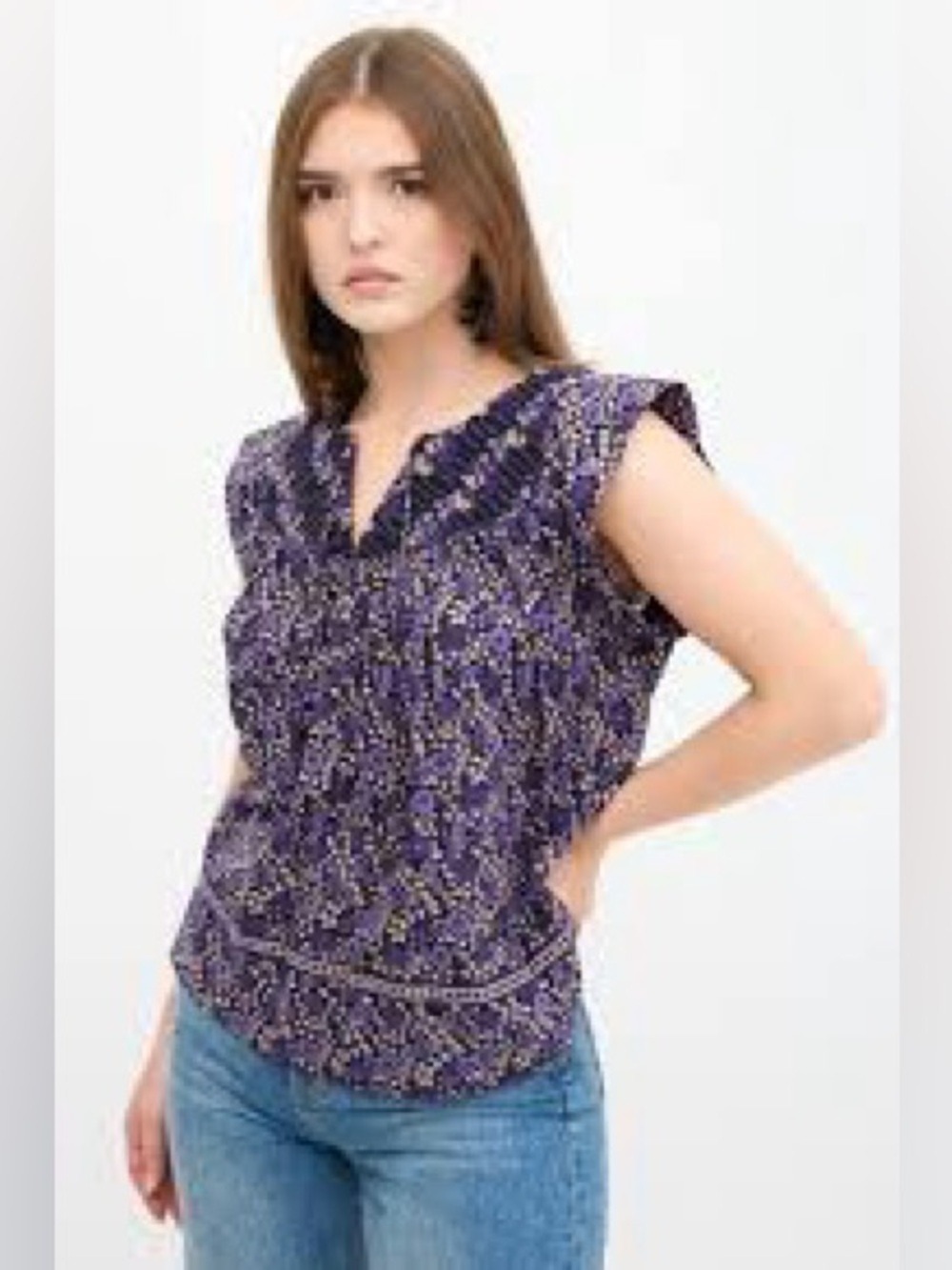 Ulla Johnson Elm Top with Purple Floral Ruffle-Trim